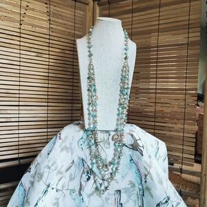 Extra Long Opera Length Faceted Beaded Glass Triple Strand Faux Pearls Necklace